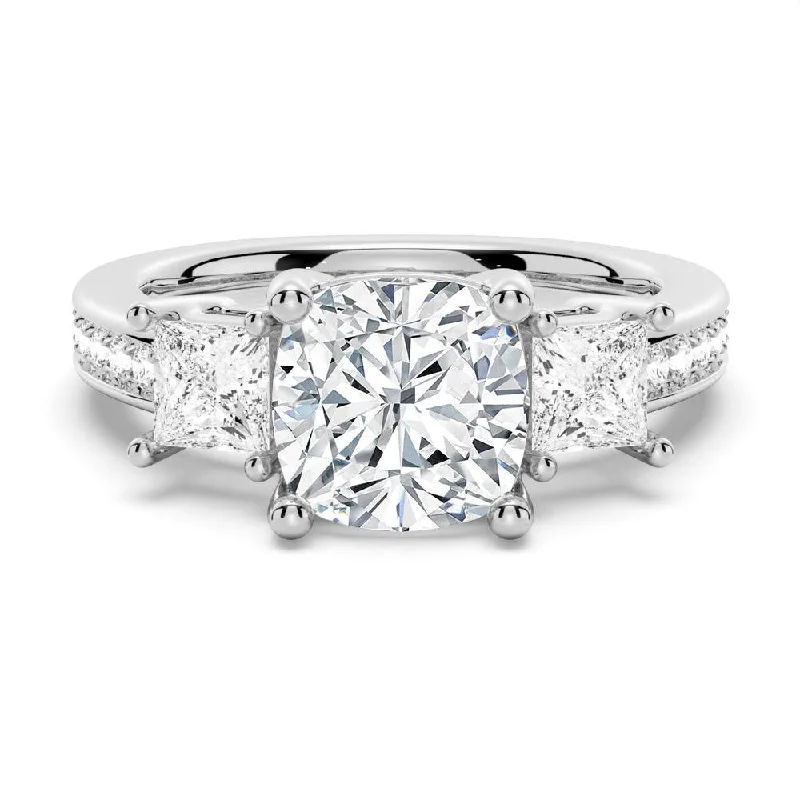 Three Stone Cushion-Shaped Engagement Ring With Princess Cut Accents