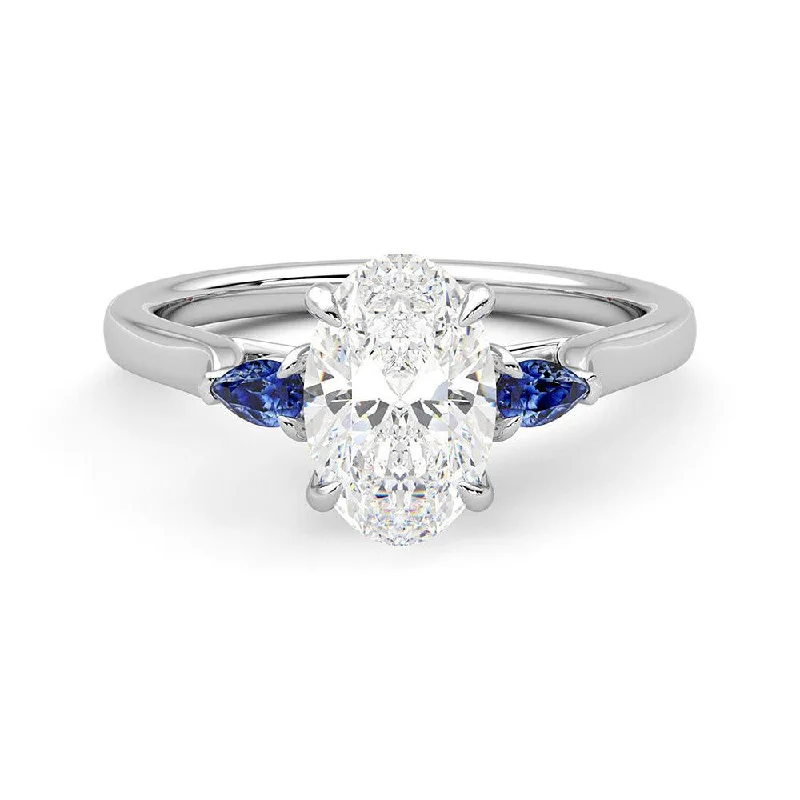 Three Stone Oval Cut Moissanite and Sapphire Engagement Ring with Hidden Anniversary Stone Accent