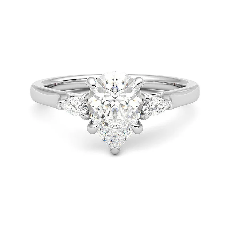 Three Stone Pear Cut Moissanite Engagement Ring with Hidden Anniversary Stone Accent