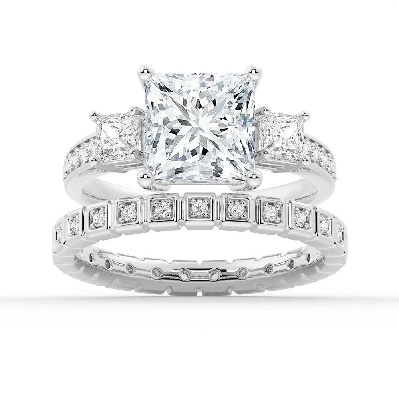 Three Stone Princess Shaped Moissanite Ring Set with Matching Wedding Band