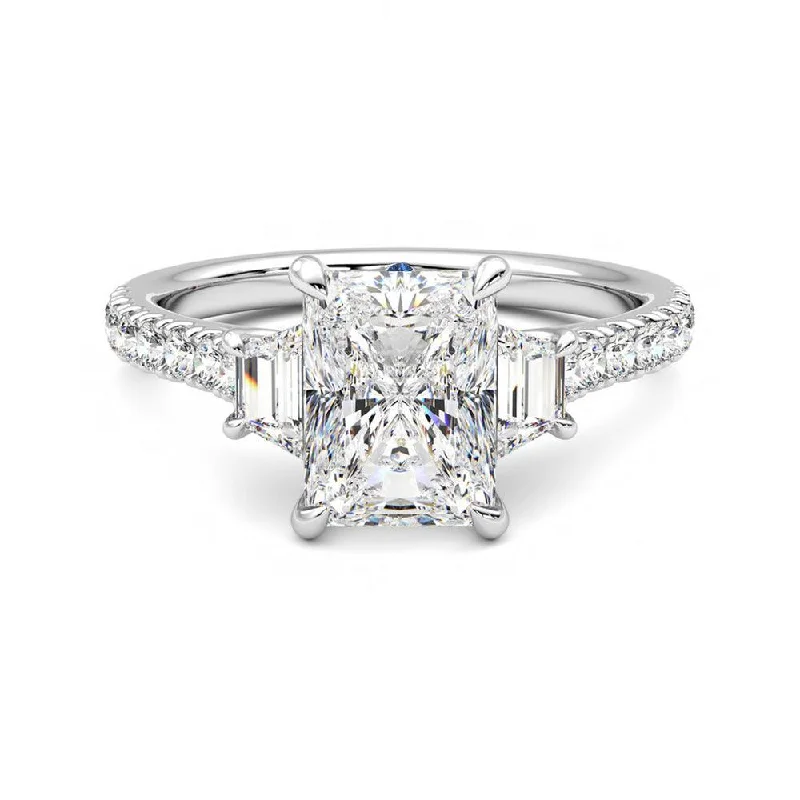 Three Stone Radiant Cut & Half Moon Moissanite Engagement Ring with Hidden Anniversary Stone Accent