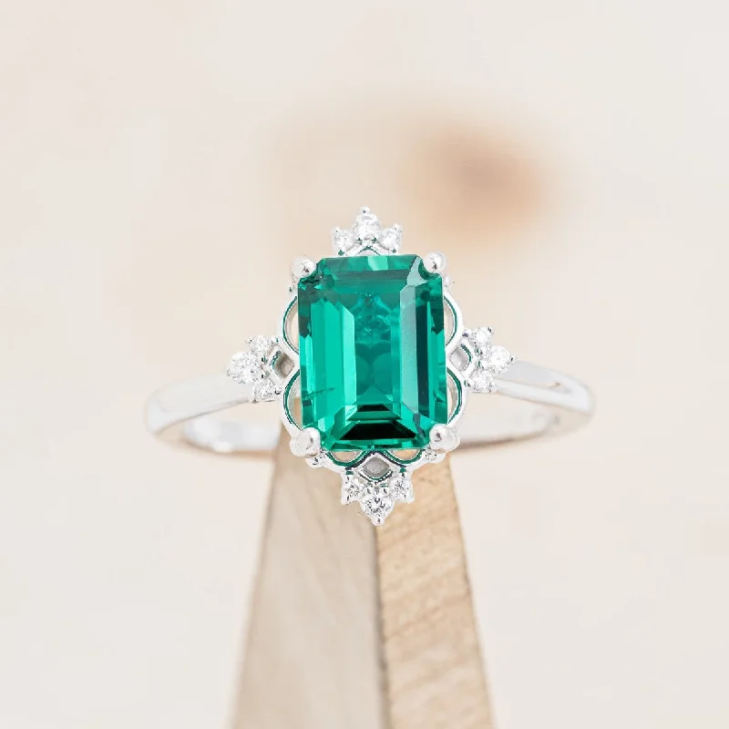 "TREVA" - EMERALD CUT LAB-GROWN EMERALD ENGAGEMENT RING WITH DIAMOND ACCENTS