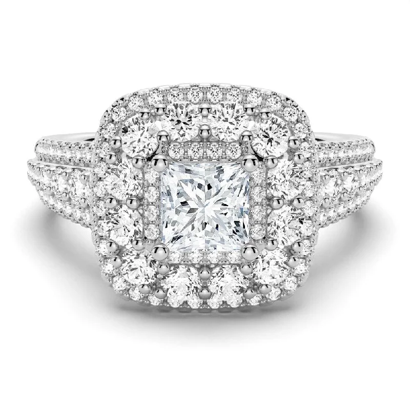 Triple Halo Vintage Princess Cut Moissanite Ring With Triple Row Pave Band