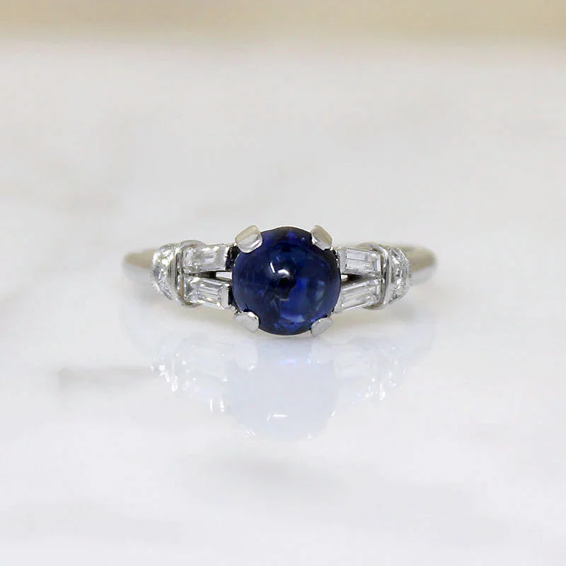 Velvety Cabochon Sapphire with Diamonds in Platinum Ring