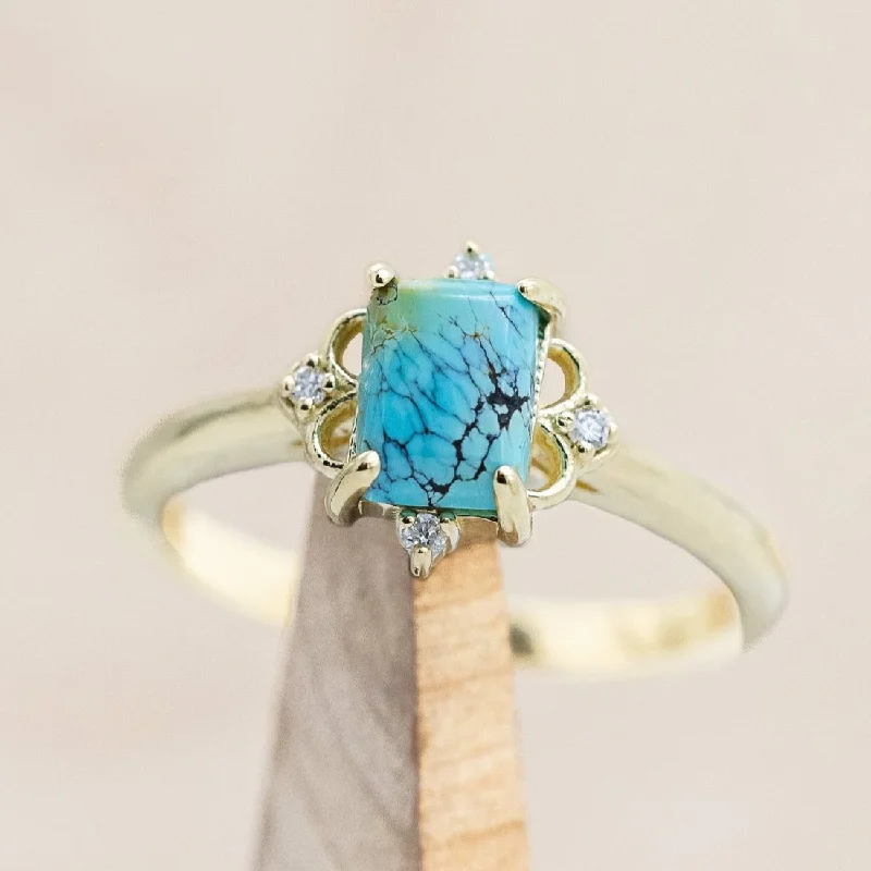 "ZELLA" - EMERALD CABOCHON CUT TURQUOISE ENGAGEMENT RING WITH DIAMOND ACCENTS