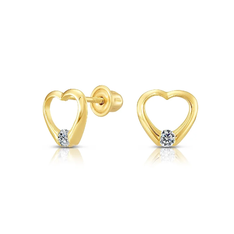 10k Yellow Gold Solitaire Heart Screwback Stud Earrings