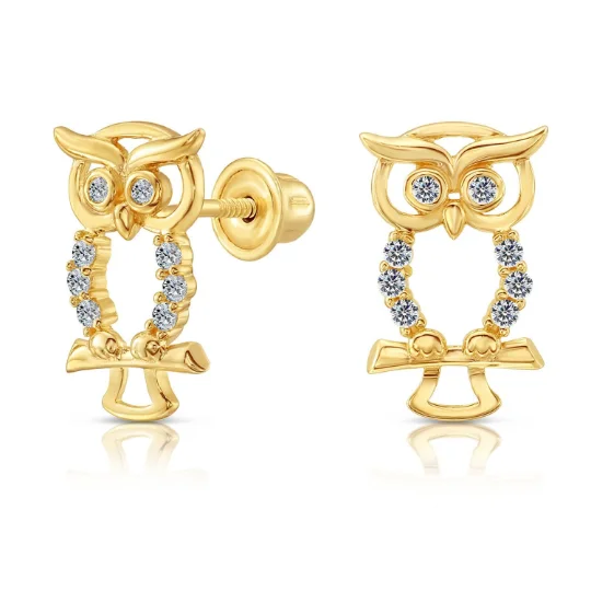 10k Yellow Gold Owl Stud Earrings, With Screwbacks