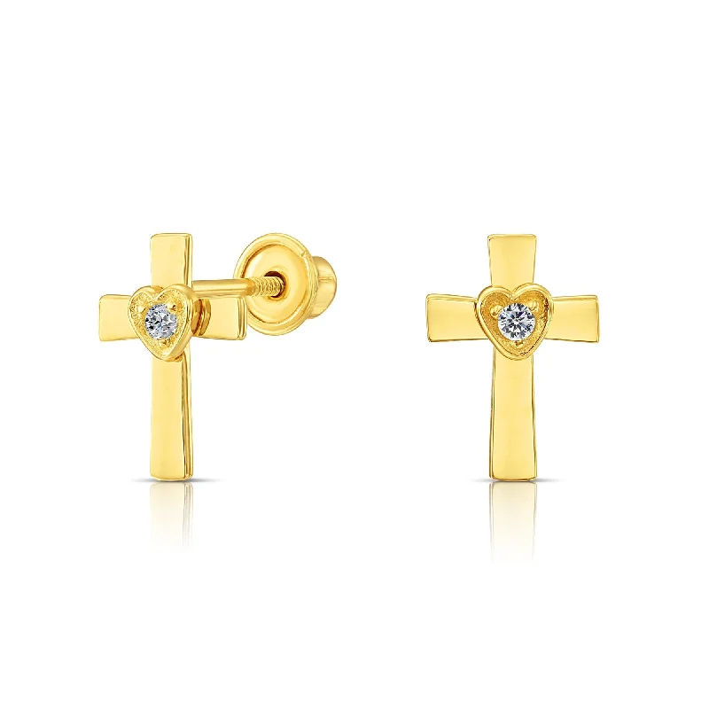 10k Yellow Gold Cross & Heart Stud Earrings with Center Stone