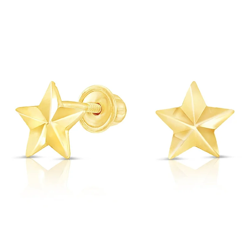 10k Yellow Gold Tiny Cute Diamond-cut Star Stud Earrings with Secure Screw-Backs