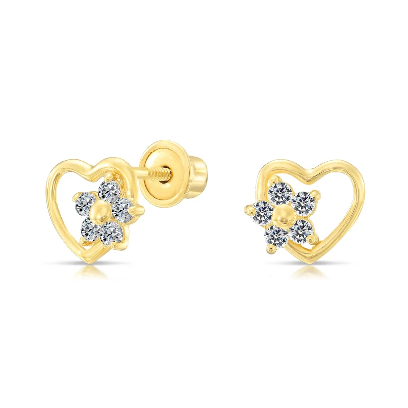 10K Yellow Gold Heart and Flower Stud Earrings