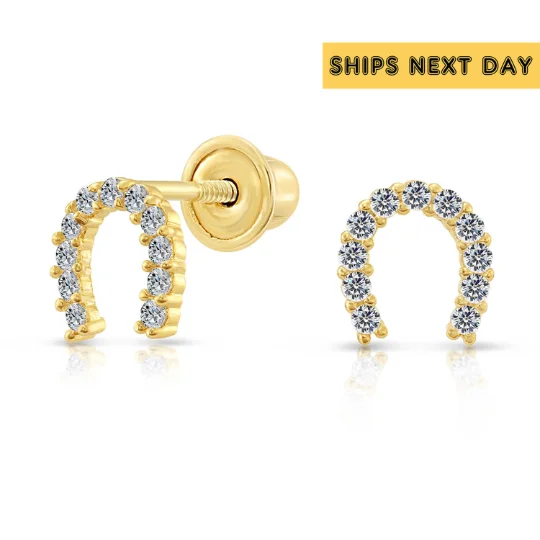 10k Yellow Gold Tiny Cute Lucky Horseshoe Stud Earrings