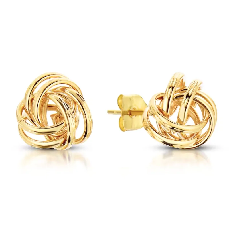 14k Gold Love Knot Stud Earrings with Hand Engraved Diamond Cuts, 9mm, Pushback Studs