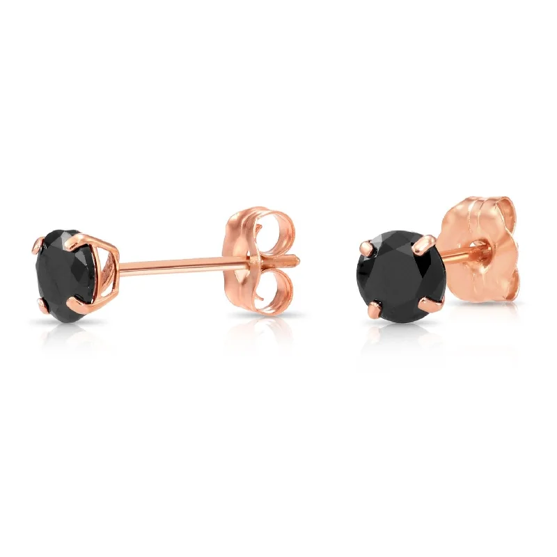 14K Rose Gold Black Onyx Round CZ Studs, Brilliant-Cut Earrings With Push-Backs, 4mm