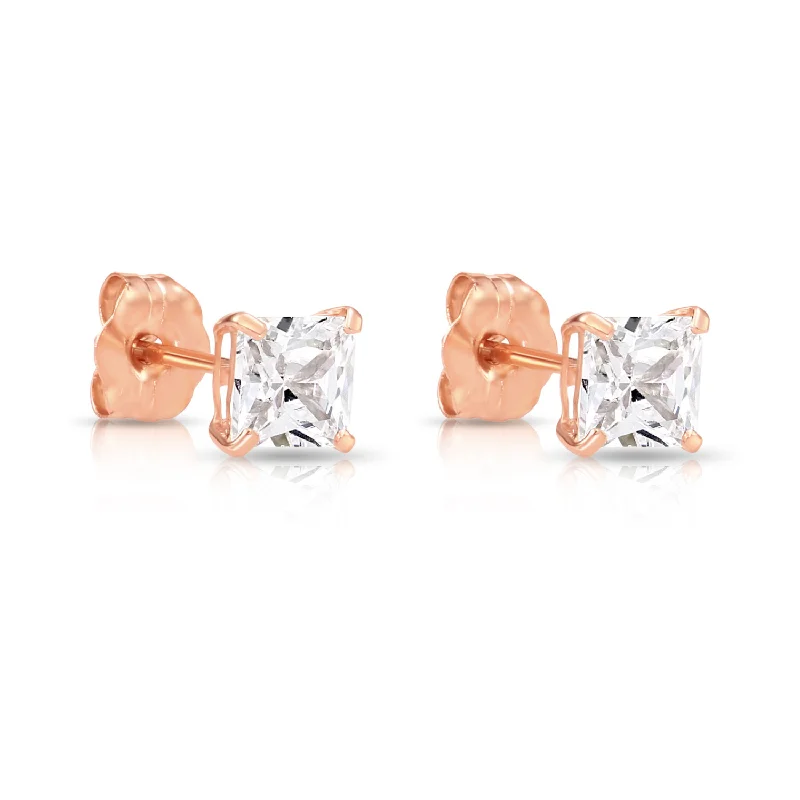 14K Rose Gold Square CZ Studs, Princess-Cut Earrings With Push-Backs, 4mm