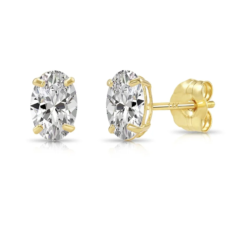 14k Solid Gold Basket Set Oval CZ Stud Earrings, With Pushbacks