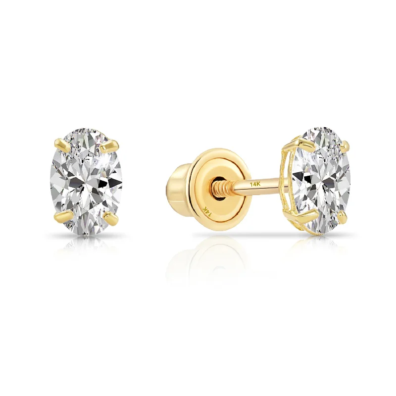 14k Solid Gold Basket Set Oval CZ Stud Earrings, With Screwbacks