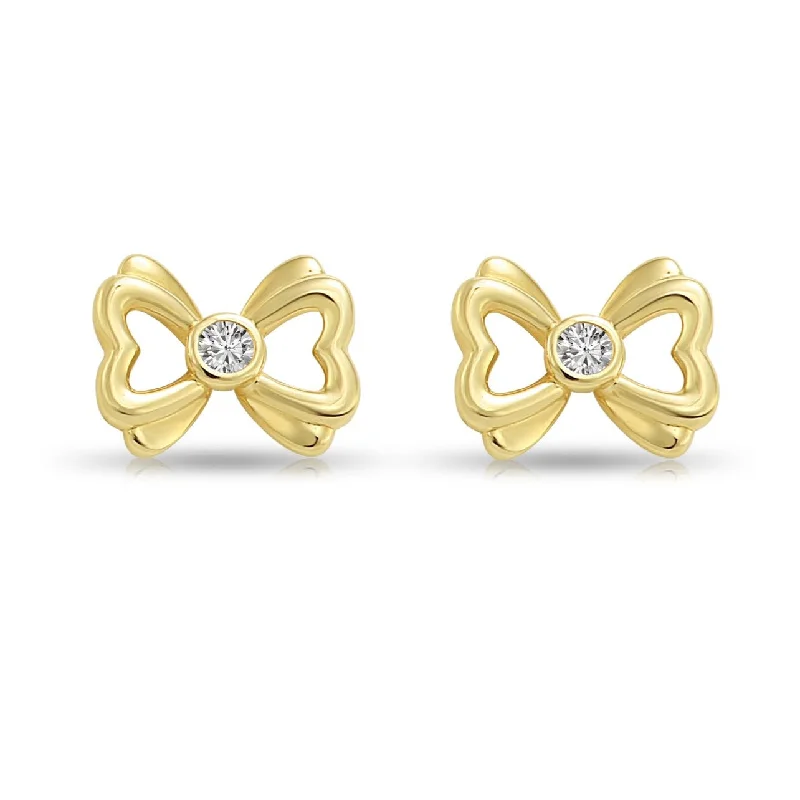 14k Solid Yellow Gold CZ Ribbon Bow Studs, With Screw on Screwbacks