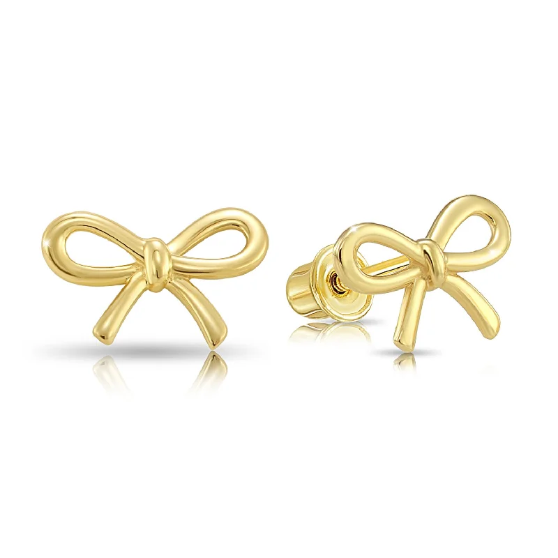 14k Solid Yellow Gold Ribbon Bow Stud Earrings, With Secure Screw-Backs