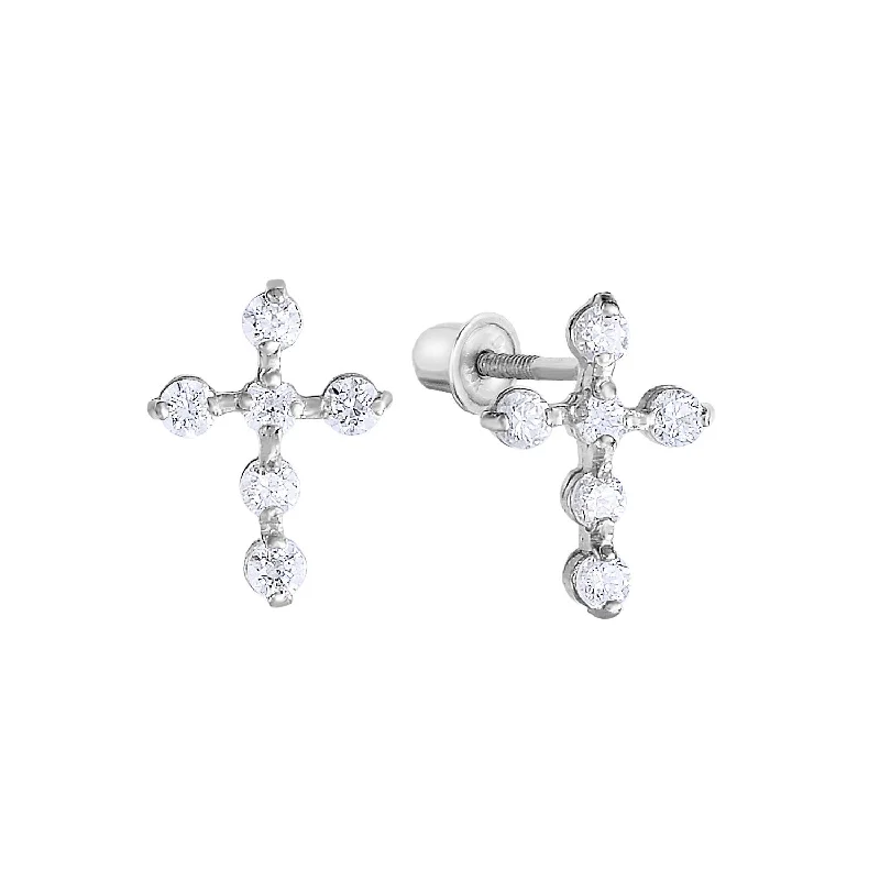 14K White Gold Tiny Cute Cross Stud Earrings