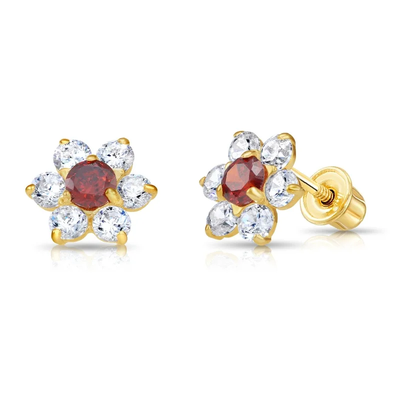 14K Yellow Gold Large Flower Halo CZ Birthstone Stud Earrings, Available in 12 Colors