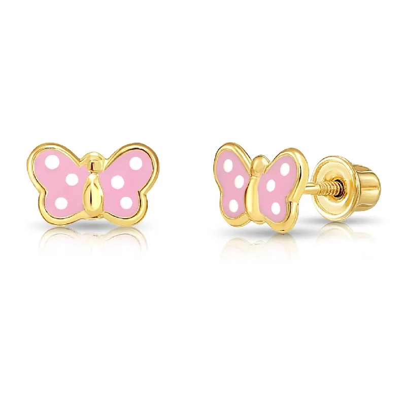 14K Yellow Gold Poke-A-Dot Butterfly Enamel Stud Earrings, With Screw-backs