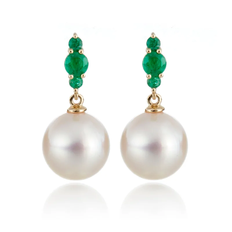 Orion Earrings in White Akoya Pearls & Emeralds