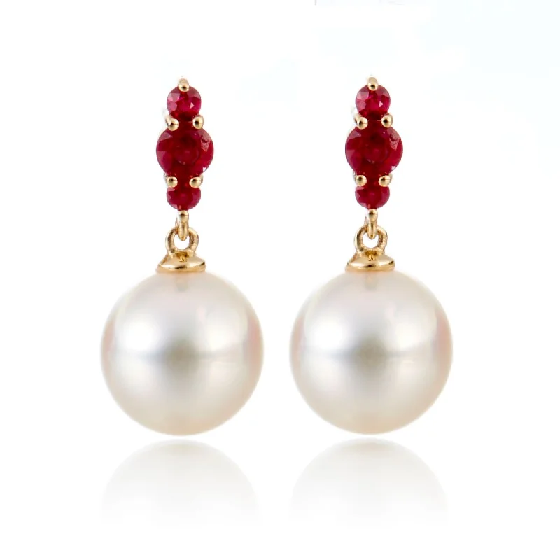 Orion Earrings in White Akoya Pearls & Rubies