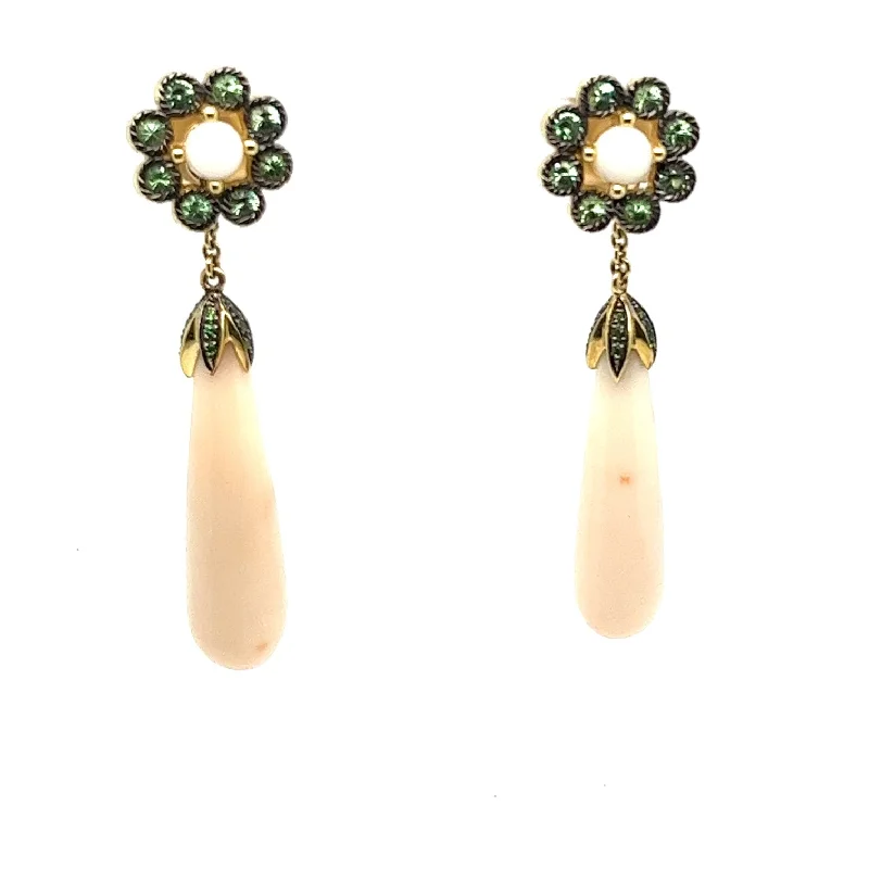 18kt Green Gold Flower Studs with 18kt Green Gold Detachable Chandelier Antique Coral