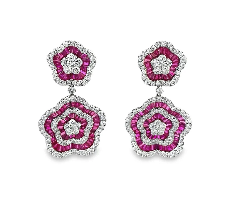 18KT WHITE GOLD RUBY & DIAMOND FLOWER EARRINGS