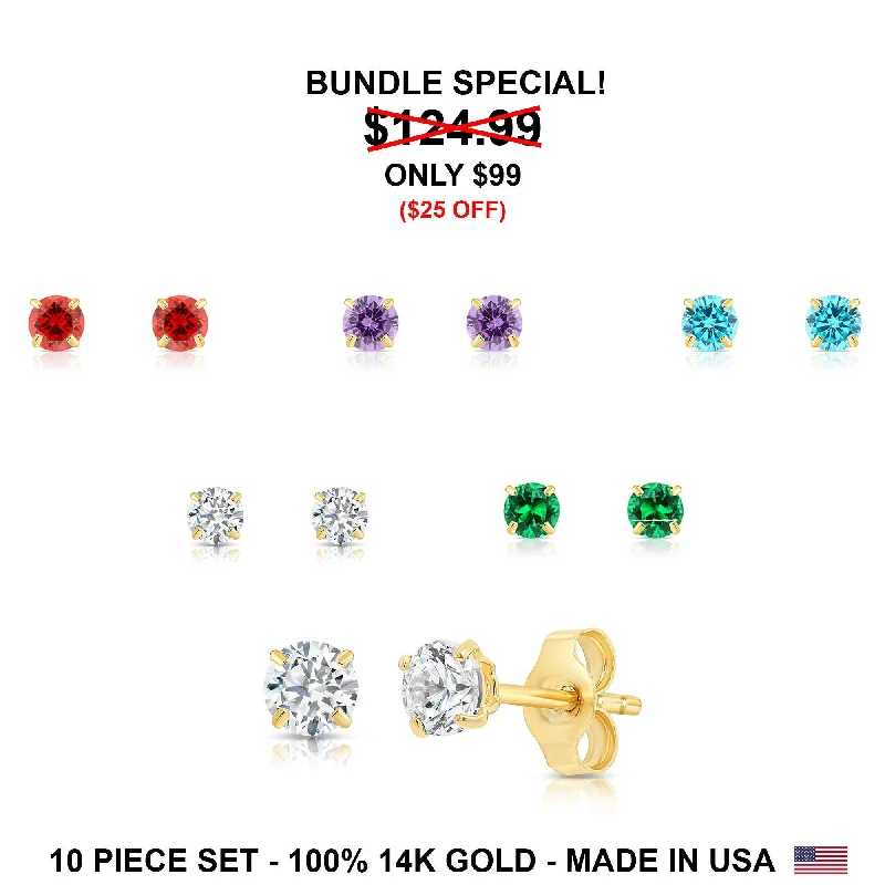 Bundle 5 Color Set! 14k Solid Yellow Gold Birthstone CZ Stud Earrings, 3mm