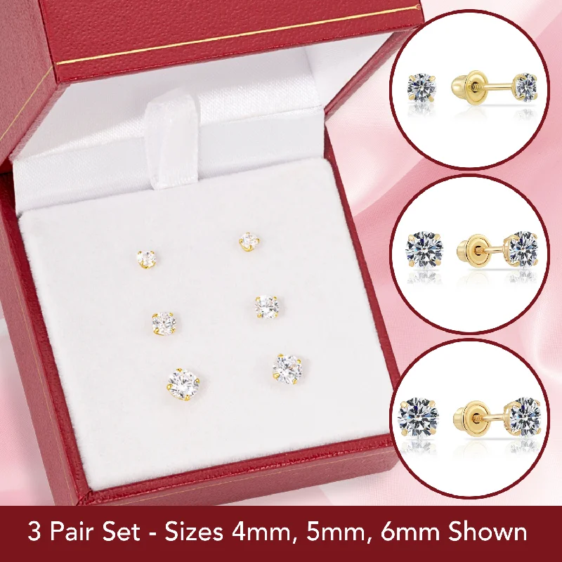 Bundle Set of 3! 10k Gold Classic Solitaire Stud Earrings, Screw-back