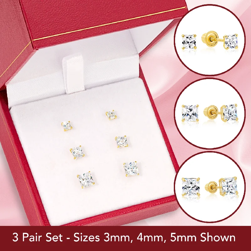 Bundle SET OF 3! 14K Solid Gold Earrings, Square CZ Studs With Screwbacks