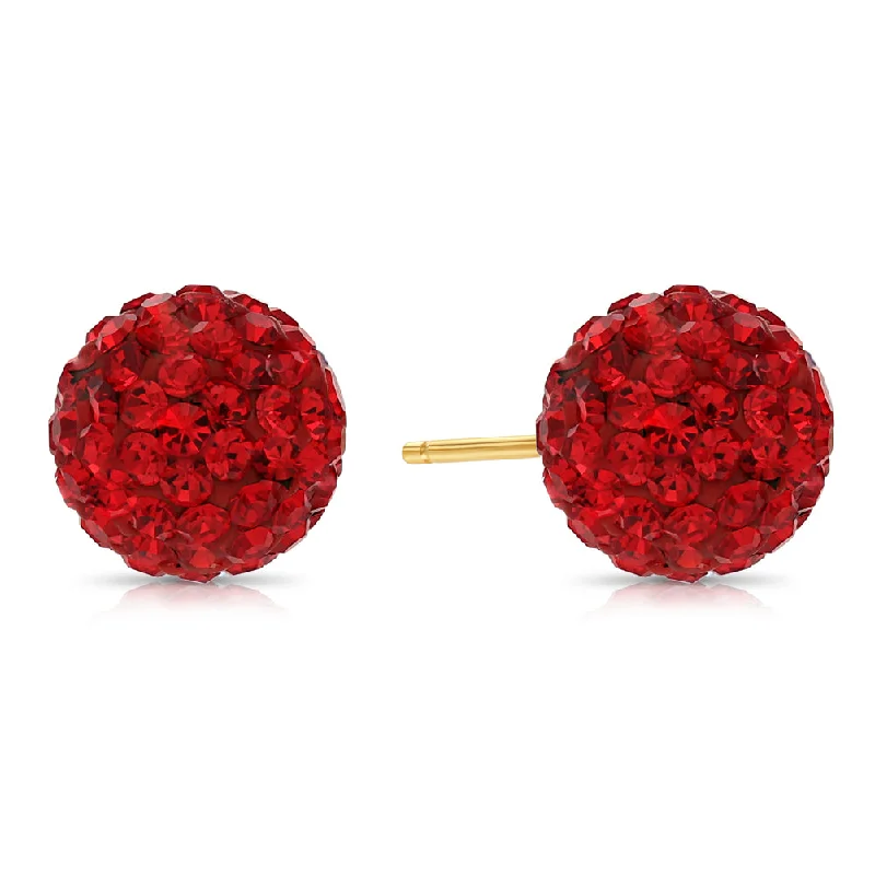 14k Yellow Gold Red Sparkle Ball Studs