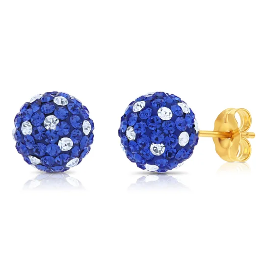 14k Yellow Gold Blue Sparkle Ball Studs