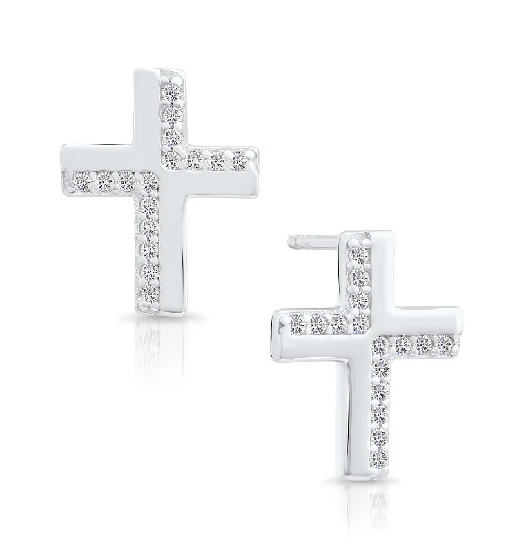 CZ Cross Stud Earrings in Sterling Silver