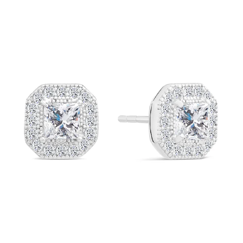 CZ Cushion Cut Halo Stud Earrings in Sterling Silver