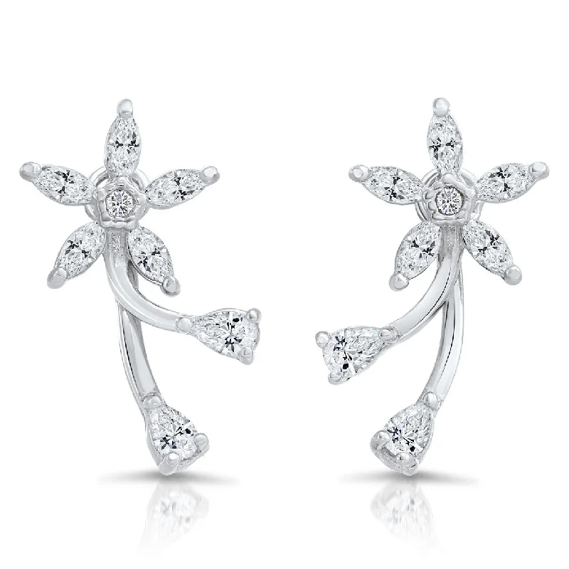 CZ Daisy Flower Stud Earrings, Two Leaf in Sterling Silver