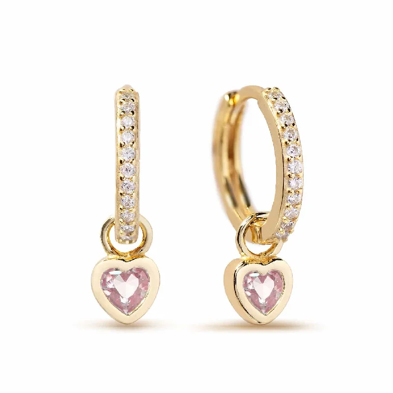 Dangling Heart Pave Huggie Hoops Pink Sapphire