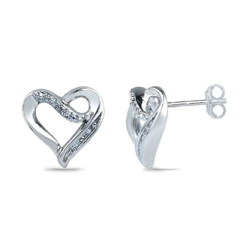 Diamond Heart Stud Earrings, Sterling Silver or White Gold