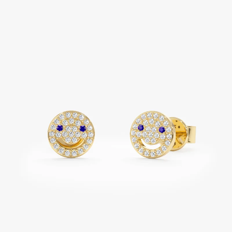 Diamond Sapphire Happy Face Studs, Joy