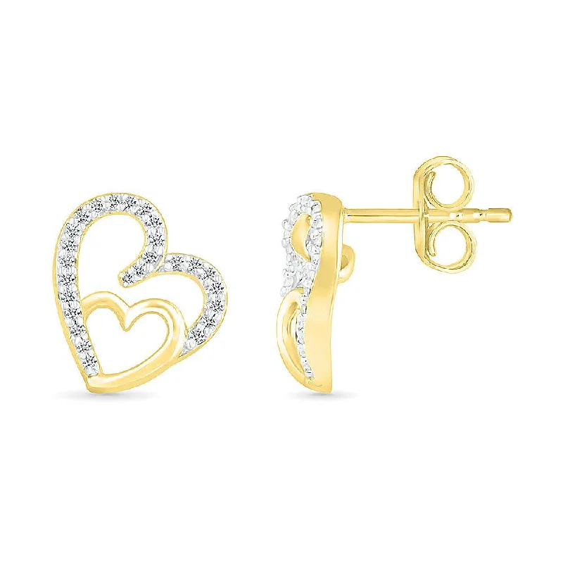 Diamond Stud Earrings with Double Heart Design