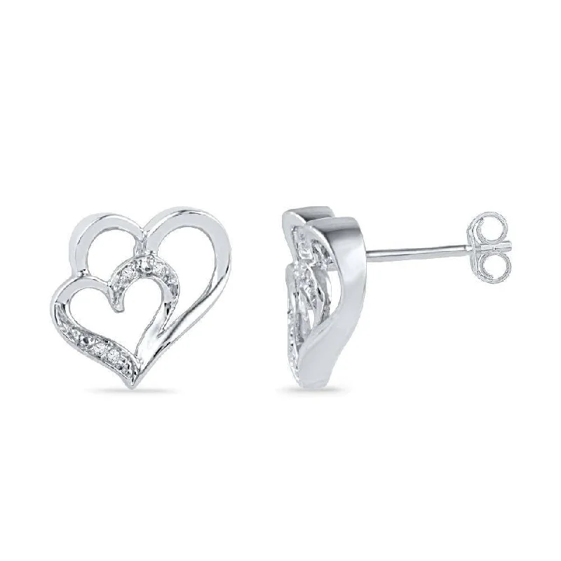 Double Heart Diamond Stud Earrings, Silver or White Gold