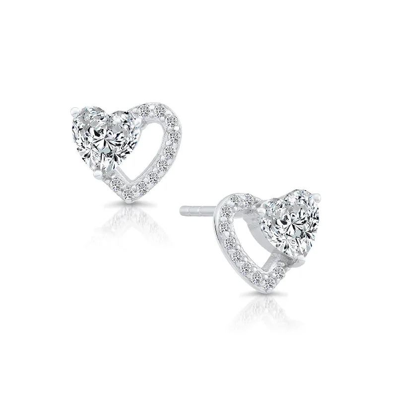 CZ Double Heart Stud Earrings in Sterling Silver