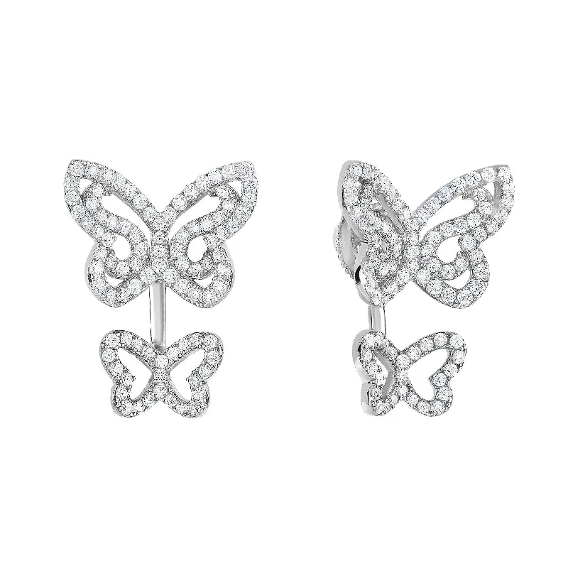 CZ Ear Jacket Double Butterfly Stud Earrings in Sterling Silver