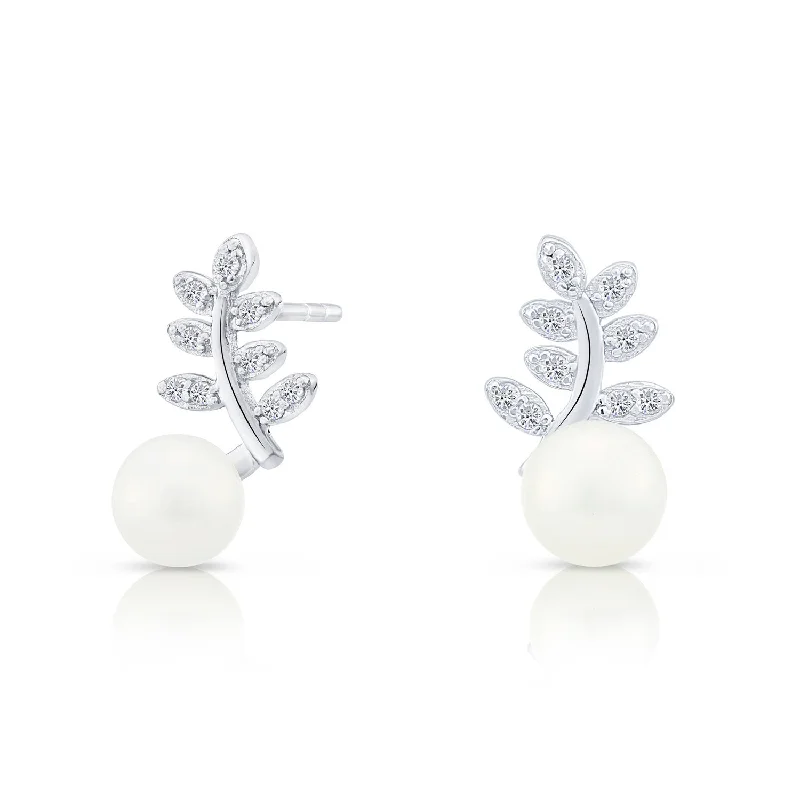 CZ Floral Pearl Stud Earrings in Sterling Silver