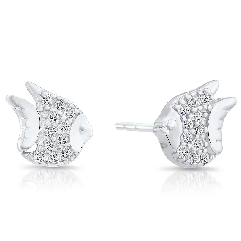 CZ Angel Fish Stud Earrings in Sterling Silver