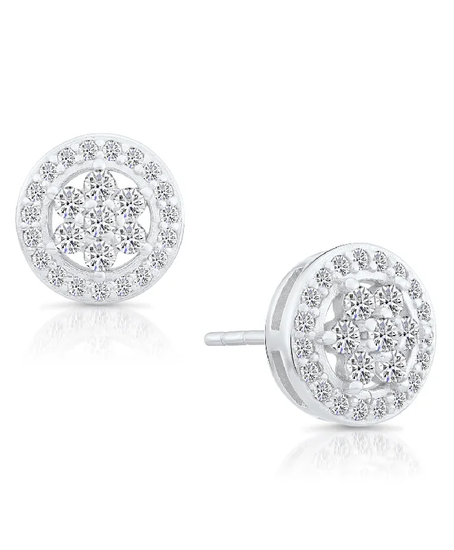 CZ Halo Flower Stud Earrings, 1974 in Sterling Silver