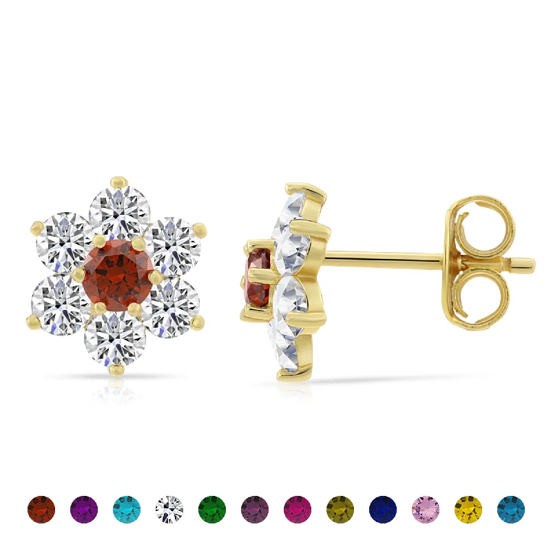 Flower Birthstone Stud Earrings, In 925 Sterling Silver Simulated Birthstone & CZ Studs for Girls, 12 Colors Available