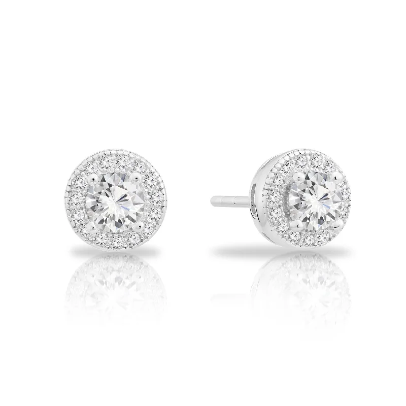 CZ Solitaire Halo Stud Earrings, 0840 in Sterling Silver