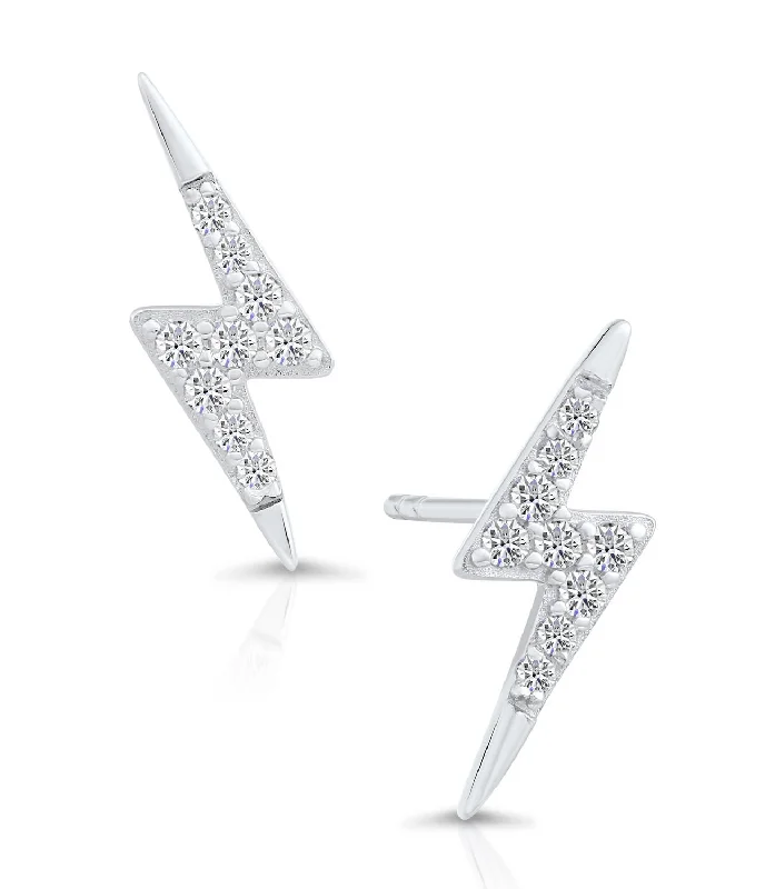 CZ Lightning Bolt Stud Earrings, Unisex in Sterling Silver